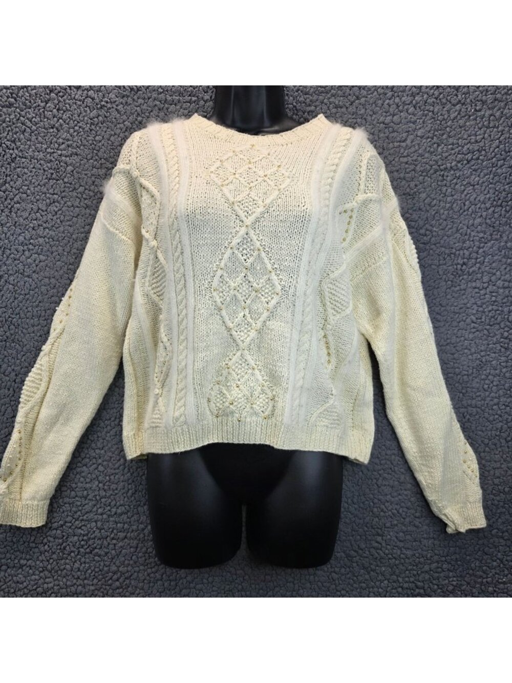 Talbots Hand Knitted Cable Knit Sweater PM Cream Diamond Cottagecore Preppy Neut